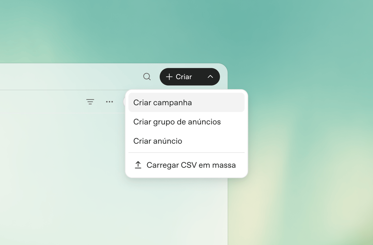 Menu para criar uma campanha, grupo de anúncios ou anúncio no ChatGPT Ads